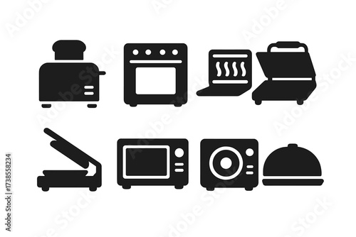 Kitchen Appliance Icons. Solid, filled icon set of toast kitchen appliances: toaster, oven, grill, microwave, sandwich press, toaster oven, stovetop, bread