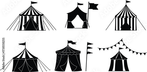 Circus tent silhouette collection, carnival pavilion vector icons, vintage fairground marquee illustrations, festival celebration black design set