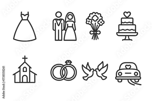 Wedding Icon Set. Outline icon set of wedding symbols: wedding dress, bride and groom, wedding cake, bouquet, church, rings, doves, wedding car. Line icons in