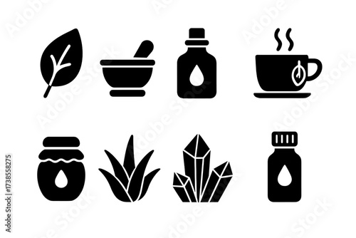 Natural Remedies Icons. Solid, filled icon set of natural remedies: herb leaf, mortar and pestle, tincture bottle, herbal tea, honey jar, aloe vera, crystals,