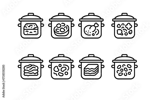 Slow Cooker Icon Set. Outline icon set of slow cooker meal types: breakfast casserole, beef stew, chicken curry, vegetable soup, pulled pork, chili, lasagna,