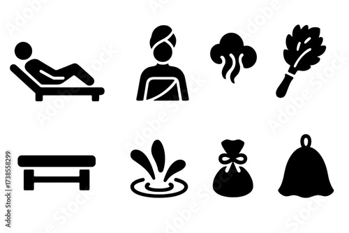 Bathhouse Relaxation Icons. Solid, filled icon set of bathhouse relaxation: person reclining, towel wrap, steam cloud, birch broom, wooden bench, water splash,