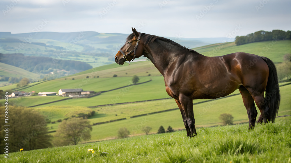 Obraz premium Brown horse standing on green pasture with rolling hills and farm cottages in background under cloudy sky perfect for rural lifestyle visuals, countryside farming themes and animal photography