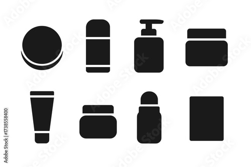 Balm Packaging Icons. Solid, filled icon set of balm packaging: tin container, stick tube, pump bottle, glass jar, squeeze tube, plastic pot, roll-on bottle,