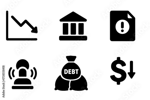 Financial Crisis Icons. Solid, filled icon set of financial crisis: falling graph, empty wallet, bank building, bankruptcy document, alarm bell, credit card