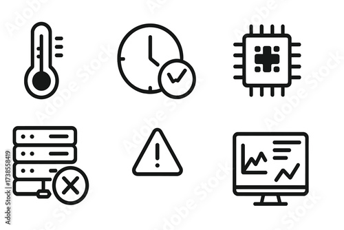 Server Monitoring Icons. Solid, filled icon set of server farm monitoring: temperature gauge, uptime clock, bandwidth meter, CPU load, error log, alert icon,