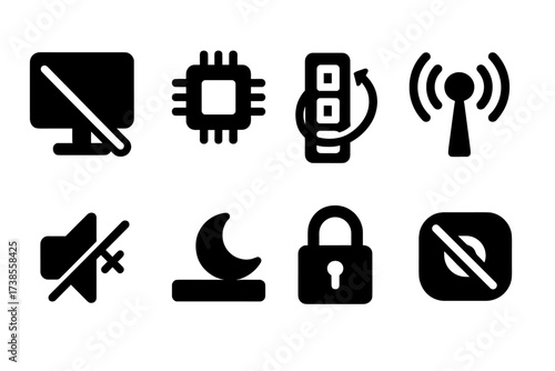 Standby Function Icons. Solid, filled icon set of standby functions in electronics: screen off, CPU idle, memory refresh, network standby, audio mute, system