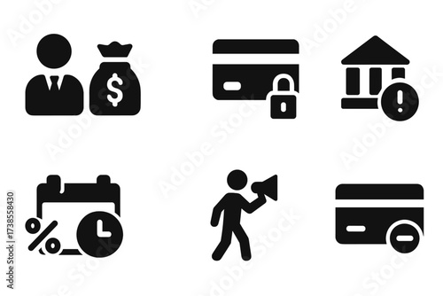 Unsecured Credit Icons. Solid, filled icon set of unsecured credit: personal loan, credit card, payday loan, overdraft, interest rate, late fee, debt