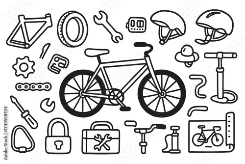 Bicycle Components Doodle. Hand-drawn doodle illustration custom bike bicycle frame, tire, wrench, pedal, gear, chain, screwdriver, seat, helmet, bell,