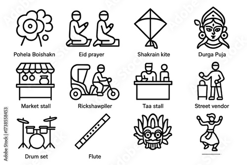Cultural Icons Outline. Outline icon set of Bangladeshi festivals: Pohela Boishakh, Eid prayer, Shakrain kite, Durga Puja idol, Ekushey Book Fair, National