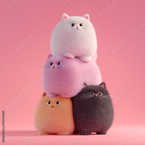 Cute colorful cats stacked in a pyramid on pink background. Adorable 3D illustration.