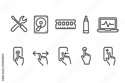 Tech Tool Icon Set. Outline icon set of laptop repair and maintenance: screwdriver, wrench, hard drive, memory chip, fan, thermal paste, toolbox, diagnostic