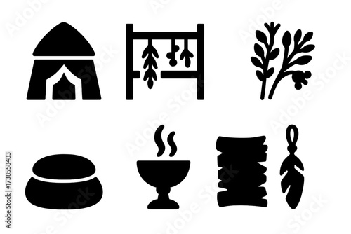 Healer's Hut Icons. Solid, filled icon set of healer?s hut: curtain doorway, wooden shelf, healing herbs, ritual cup, cushion seat, smoke burner, bark scroll,