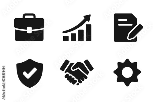Business Recovery Icons. Solid, filled icon set of business recovery: briefcase, rising bar chart, handshake, contract, shield with check, money bag, upward