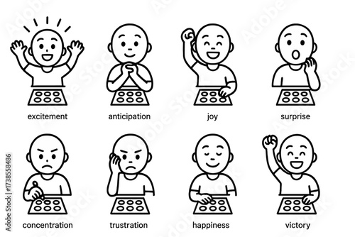Bingo Emotions Icons. Outline icon set of bingo player emotions: excitement, anticipation, joy, surprise, concentration, frustration, happiness, victory. Line