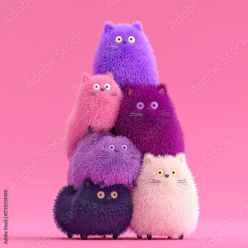 Cute colorful cats stacked in a pyramid on pink background. Adorable 3D illustration.