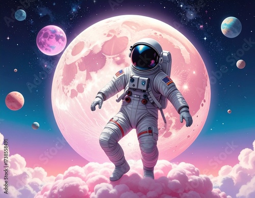 Wallpaper Mural Astronaut floating gracefully among clouds with large moon backdrop in space Torontodigital.ca