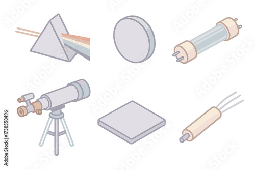 Quartz Optics Illustration. Isometric vector illustration set Quartz optical uses: prism dispersing rainbow, quartz lens round, UV