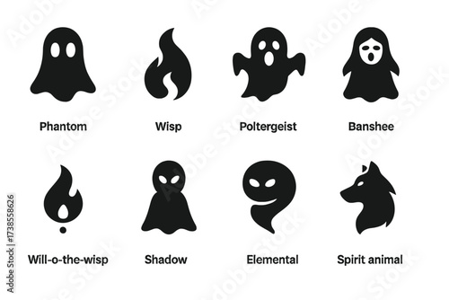 Mystical Spirits Icon Set. Solid, filled icon set of mystical spirits: phantom, wisp, poltergeist, banshee, will-o?-the-wisp, shadow spirit, elemental, spirit