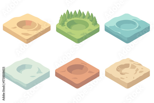 Famous Crater Landscapes. Isometric vector illustration set Famous crater landscapes: desert impact crater, forest crater