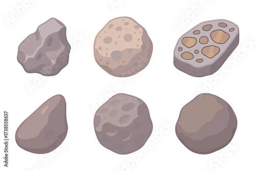 Meteorite Types Icons. Isometric vector illustration set Meteorite types: iron meteorite fragment, stony chondrite rock,