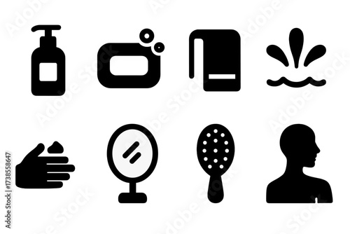 Skincare Icon Set. Solid, filled icon set of naked skin care: lotion bottle, soap bar, towel, water splash, hand applying cream, mirror, hairbrush, bare