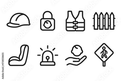 Child Safety Icons. Outline icon set of child safety: safety helmet, child lock, life jacket, fence, car seat, alarm bell, guardian hand, crossing sign. Line