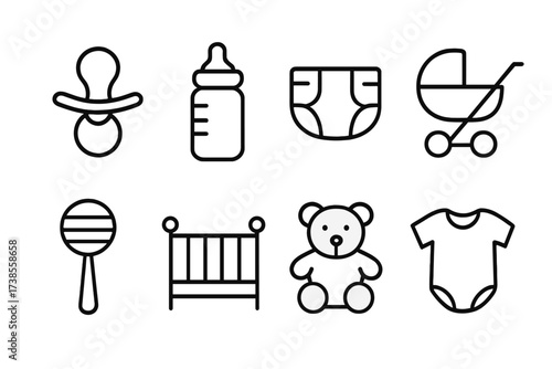 Baby Essentials Icons. Outline icon set of baby: pacifier, baby bottle, diaper, stroller, rattle, crib, teddy bear, baby clothes. Line icons in only black