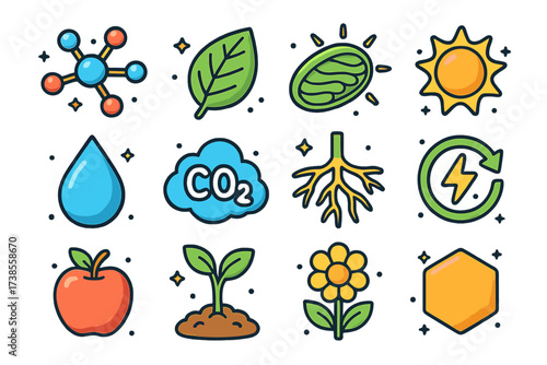 Glucose Production Icons. Glucose production. Colorful isometric vector icons set of glucose production: sugar molecule, leaf, chloroplast, sunlight rays,