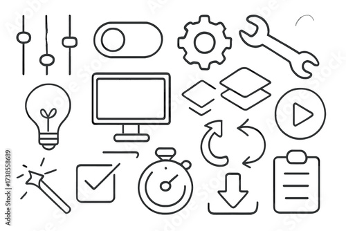 Tech Doodle Icons. Hand-drawn doodle illustration preset control sliders, toggle switch, gear, wrench, light bulb, computer screen, layers panel, play button,