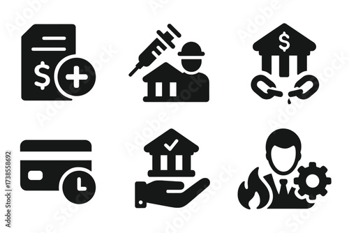 Banking Bailout Icons. Solid, filled icon set of banking bailout: emergency loan, liquidity injection, regulatory oversight, debt forgiveness, credit