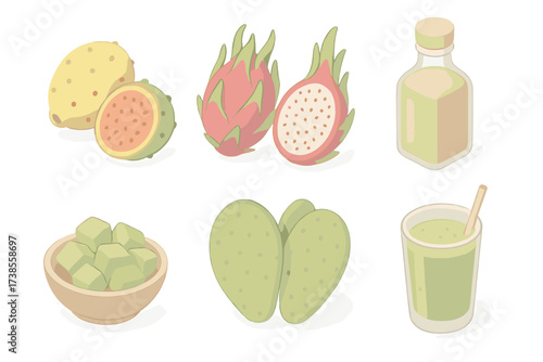Cactus Delights Icons. Isometric vector illustration set Cactus fruit & food: prickly pear cactus fruit, dragon fruit pitaya