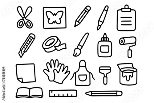 Craft Tools Doodle. Hand-drawn doodle illustration craft stencil scissors, stencil sheet, pencil, ruler, cutting knife, masking tape, paintbrush, glue, paper,