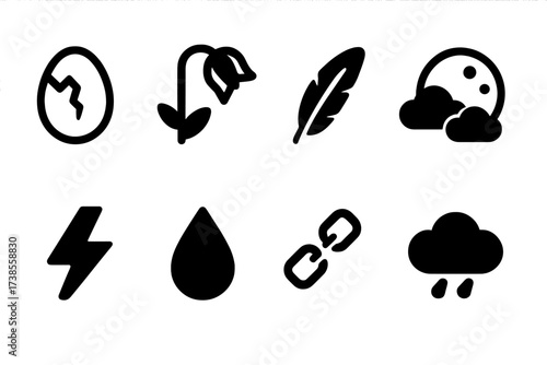 Bad Omen Icon Set. Solid, filled icon set of bad omen icons: cracked egg, wilted flower, crow feather, full moon with clouds, lightning bolt, blood drop,