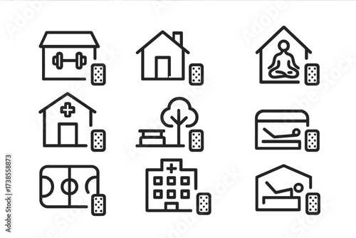 Foam Roller Icon Set. Outline icon set of foam roller workout settings: gym, home, yoga studio, physical therapy clinic, outdoor park, sports field,