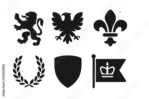 Royal Symbol Icons. Solid, filled icon set of throne symbolism: lion emblem, eagle crest, fleur-de-lis, royal seal, laurel wreath, shield, royal flag, heraldic