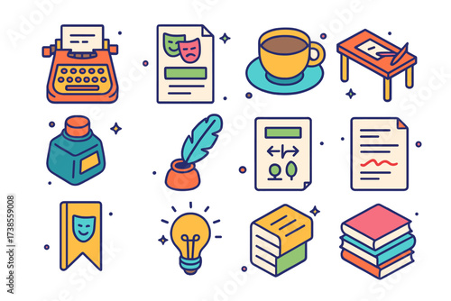 Playwriting Icon Set. Playwriting. Colorful isometric vector icons set of playwriting: typewriter, play manuscript, coffee cup, playwright desk, ink bottle,