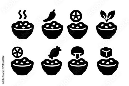 Bean Stew Flavor Icons. Solid, filled icon set of bean stew flavors: smoky, spicy, savory, herbal, tangy, sweet, umami, rich. [Line icons in only black color.