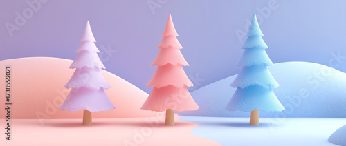 Three pastel-colored Christmas trees on snowy hill under blue sky. Minimal winter scene.
