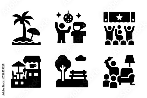 Vibrant Places Icons. Solid, filled icon set of vibes places: beach, nightclub, coffee shop, festival, rooftop, park, concert, lounge. Solid, filled icons in
