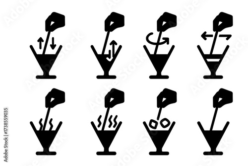 Stirring Techniques Icons. Solid, filled icon set of stirring techniques: slow stir, fast stir, circular stir, back-and-forth stir, gentle stir, vigorous stir,