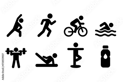 Fitness Icon Set. Solid, filled icon set of rejuvenation fitness: stretching, running, cycling, swimming, strength training, Pilates, balance exercise,
