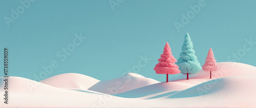 Three pastel-colored Christmas trees on snowy hill under blue sky. Minimal winter scene.