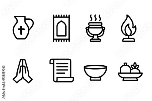 Faith Ritual Icons. Outline icon set of devotion in faith rituals: holy water, prayer mat, incense burner, sacred flame, blessing hands, scripture scroll,