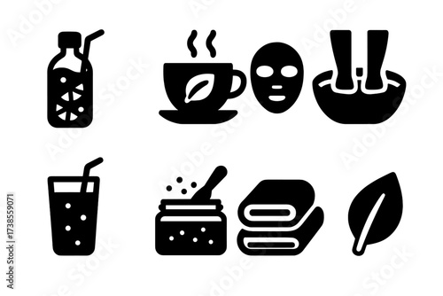 Detox Elements Icons. Solid, filled icon set of detox elements: detox water, herbal tea, detox mask, foot bath, detox smoothie, salt scrub, fresh towel, green