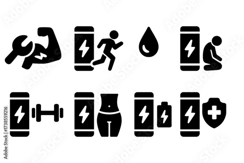Energy Bar Icons. Solid, filled icon set of energy bar health benefits: muscle repair, endurance, hydration, recovery, stamina, weight management, energy