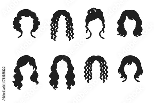 Ringlet Hair Icons. Solid, filled icon set of ringlet hair inspirations: vintage curls, boho ringlets, formal updo, casual curls, prom hairstyle, bridal curls,