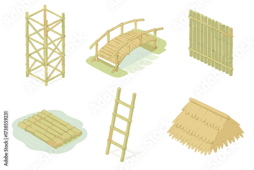 Bamboo Structures Collection. Isometric vector illustration set Bamboo construction: bamboo scaffolding tower, bamboo bridge