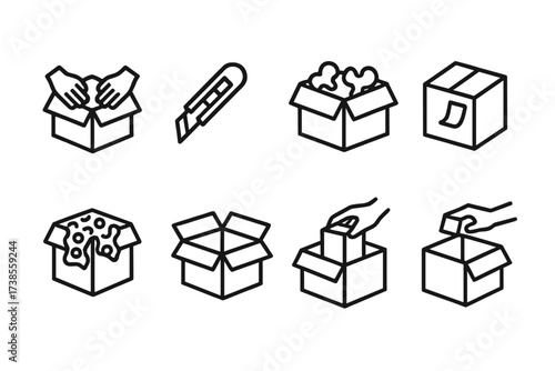 Box Unpacking Icons. Outline icon set of unpacking process: hands opening box, box cutter, packing materials inside box, shipping label peeled, box with bubble