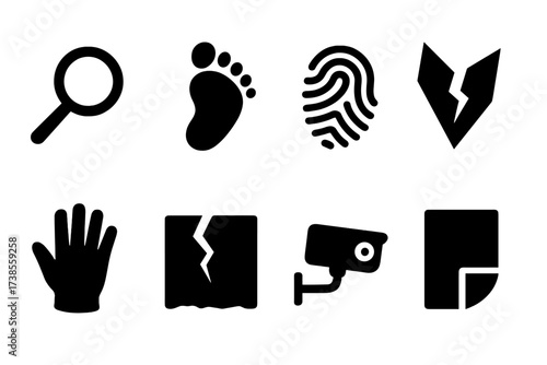 Detective Icon Set. Solid, filled icon set of found clues: magnifying glass, footprint, fingerprint, broken glass, torn paper, dropped glove, hidden camera,